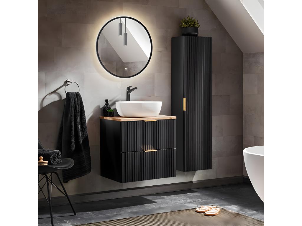 Single vanity unit with 60cm sink and tall cabinet, Black and Wood WVXC84955