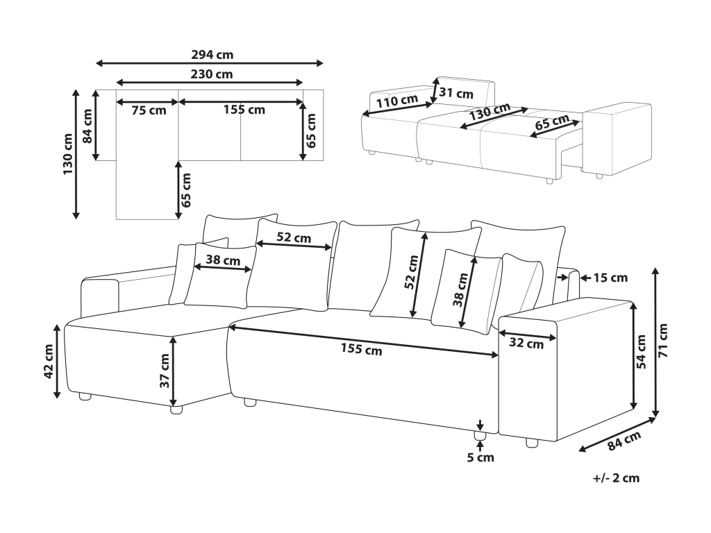 Luspa OJVD99559 Modern Left-Hand Corner Sofa with Sleeping Area and Cushions in Light Beige Corduroy