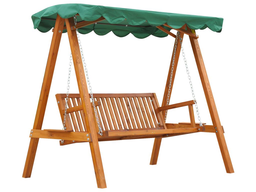3-seater garden swing with 2 support shelves, 1.95m L x 1.3m W x 1.85m H, max load 360kg, green pine wood, FBPK42874