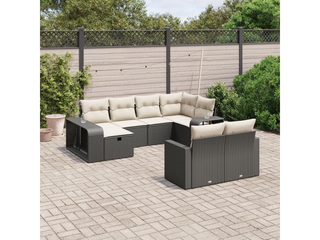10-piece garden furniture set with cushions, black woven resin PHAQ51974