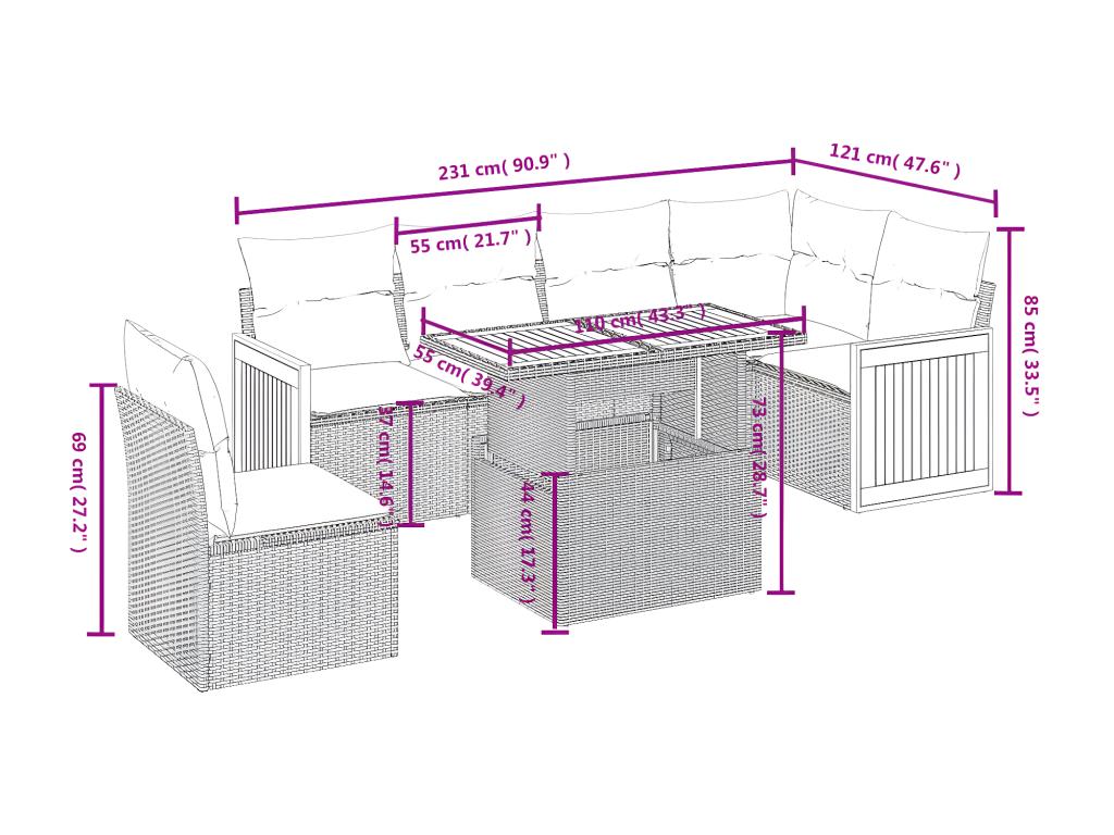 7-piece garden furniture set with cushions, grey woven resin KIQR79460