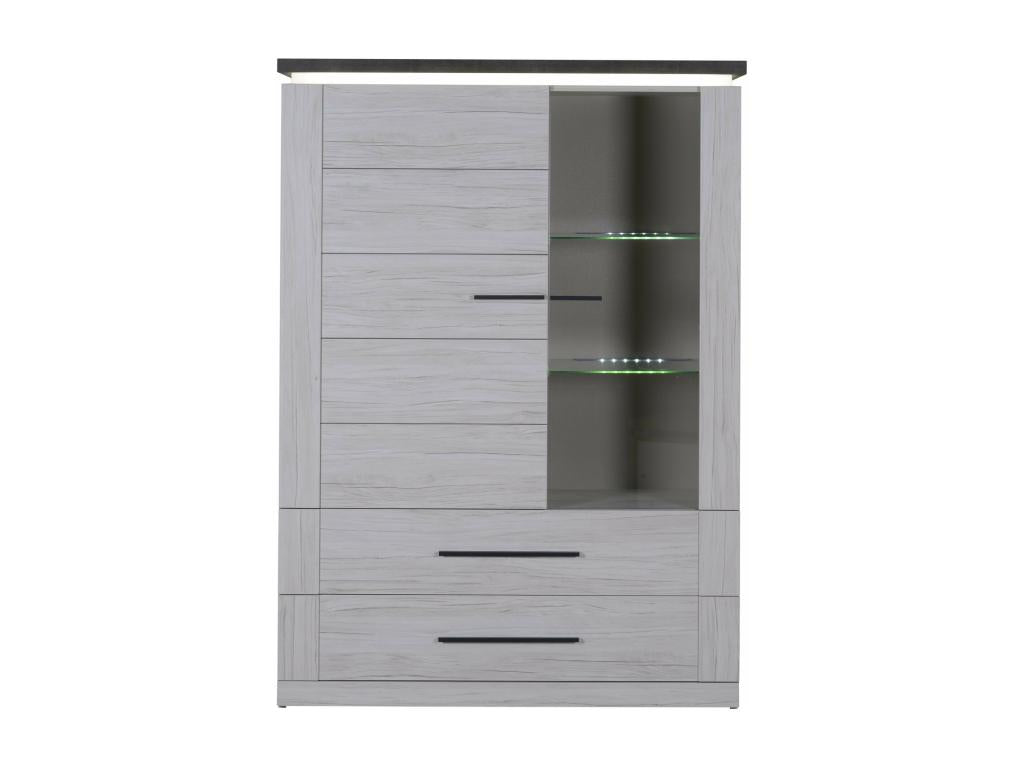 Illuminated 2-door, 2-drawer display cabinet in oak and dark concrete finish by Elariva FRBG65979