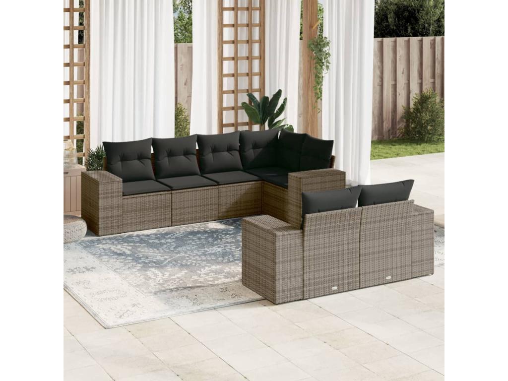 Garden furniture set with cushions, 7 pieces, grey woven resin, XLYO41836