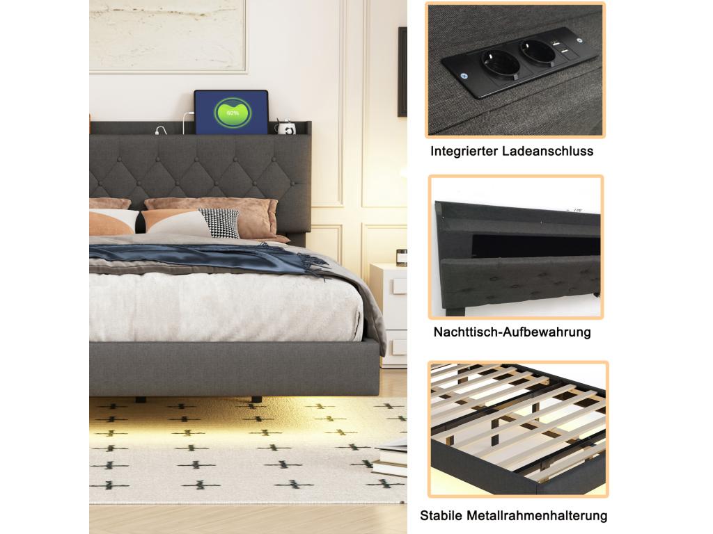 160x200cm suspended double bed with LED lighting, linen fabric, slatted base and headboard with USB charging port, grey MUZO25918