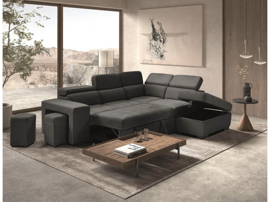 Elariva Microfiber Corner Sofa with 2 Ottomans and 1 Storage Box - Dark Grey - Right Corner ZTJX50155