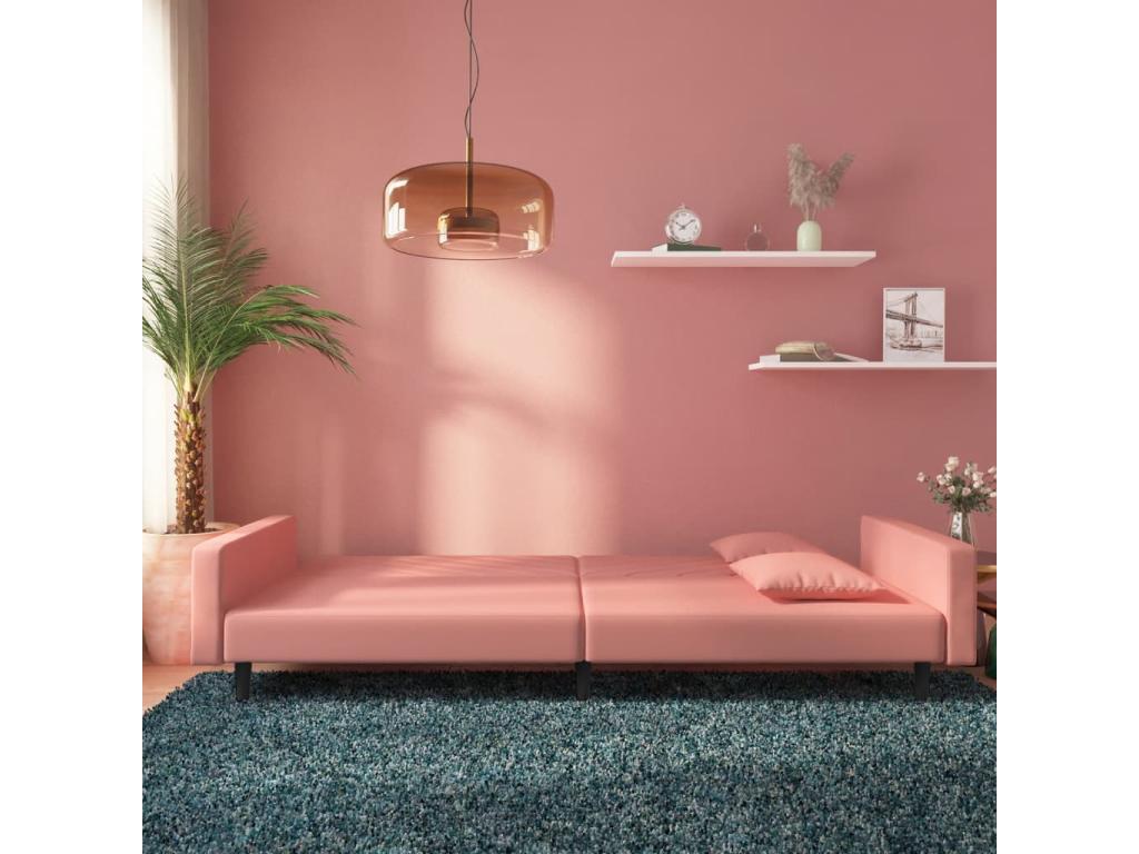 2-seater sofa bed with two pillows, Pink Velvet PIZQ41486