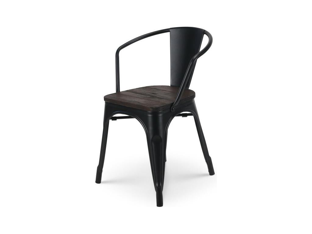 Industrial-style matte black metal chair with dark wood seat - With armrests TDMX54743