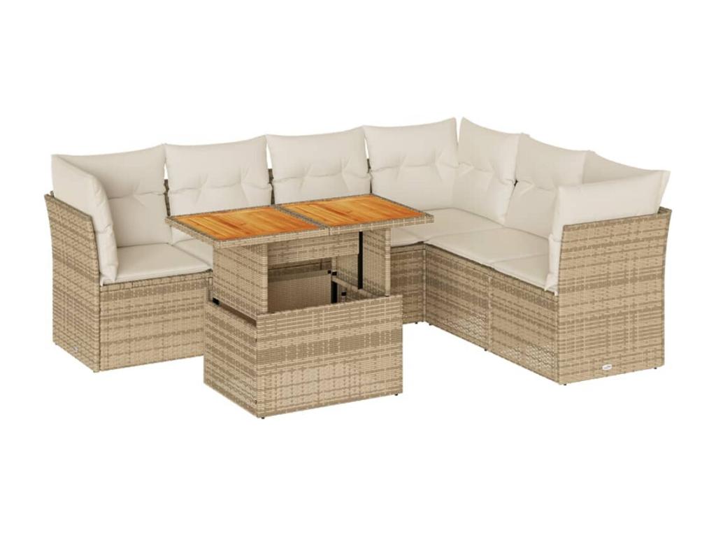 7-piece garden furniture set with cushions, beige woven resin UGMR06069
