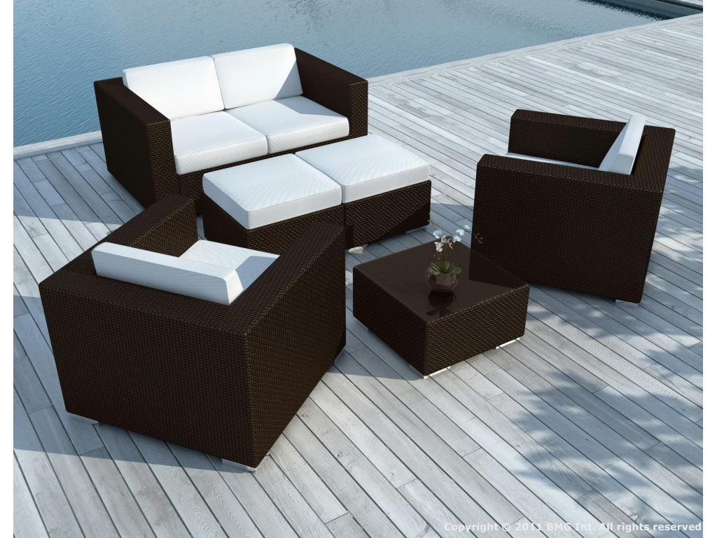 6-piece garden furniture set in chocolate-colored woven resin with off-white fabric cushions ZOPH29668