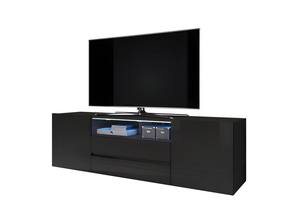 TV stand / TV bench, matte black / glossy black, 137 cm with LED lighting - Boisona LFEZ96936
