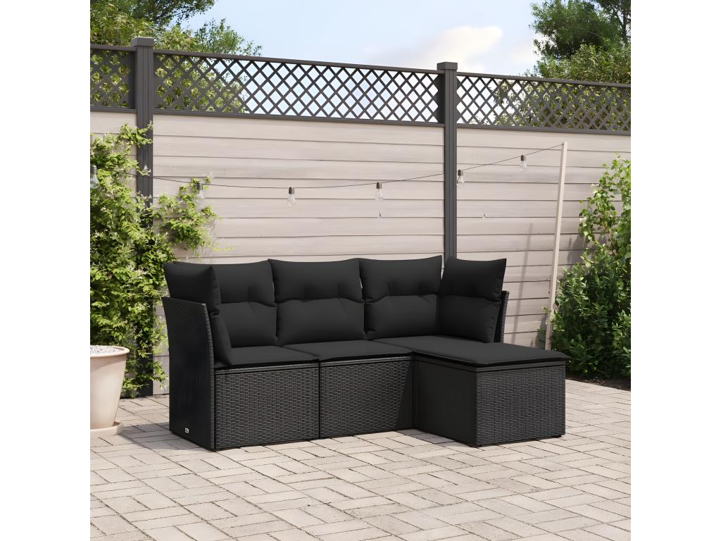 4-piece garden furniture set with cushions, black woven resin AZXY74395