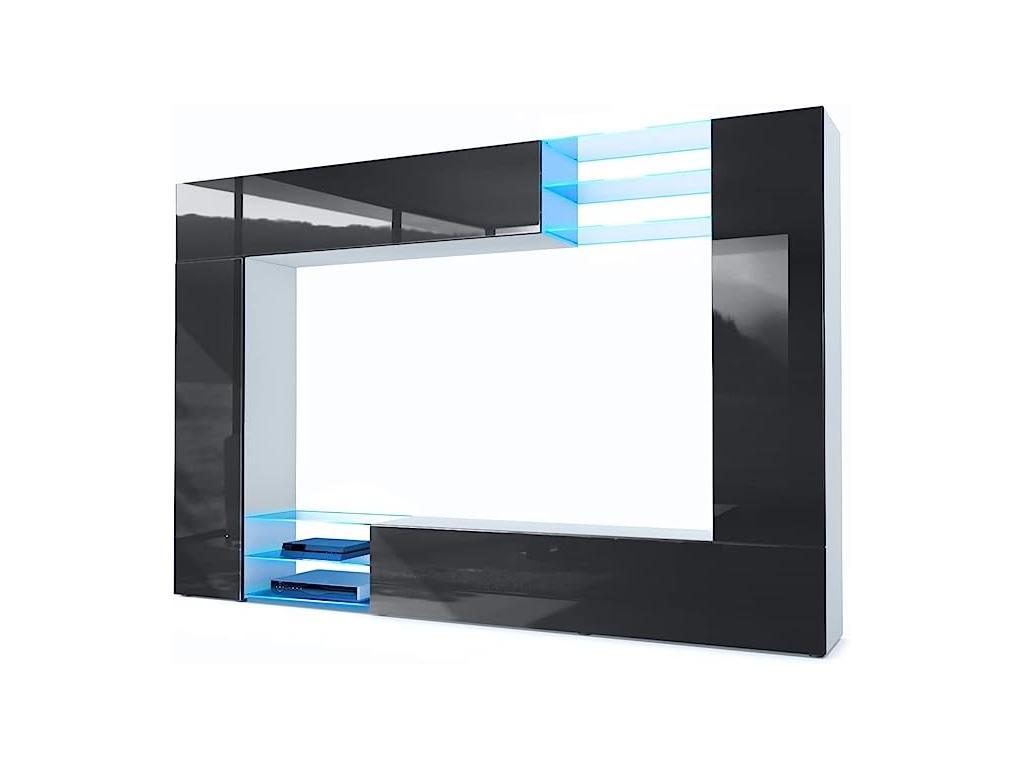 Wall unit with matte white body/high-gloss black LED fronts, 183x262x39 cm, WGGN01507