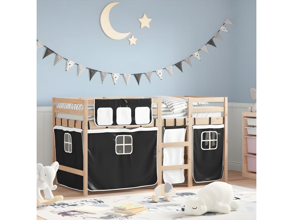 Children's loft bed and curtains, white/black, 90x200cm, solid pine GCKF67394