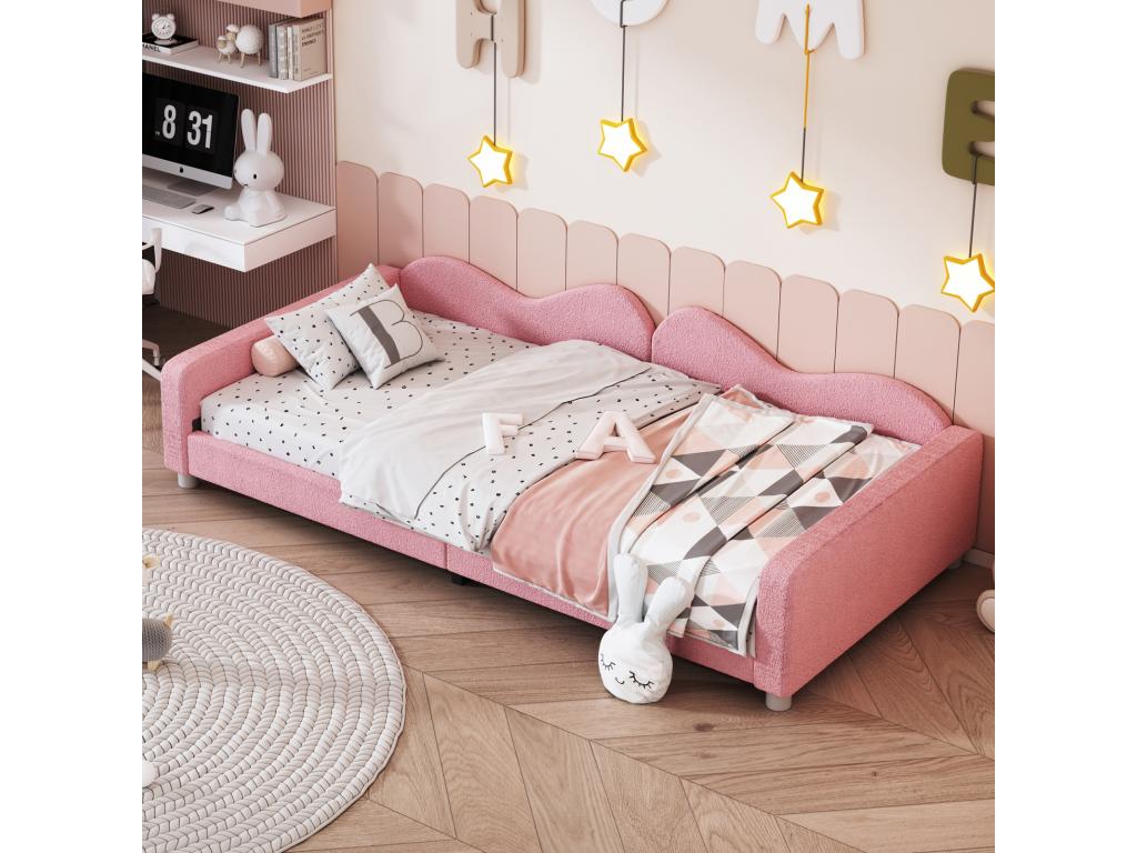 Children's single bed 90x200cm - upholstered fabric bed with slatted base, backrest and armrests, pink sofa bed RTOS03548
