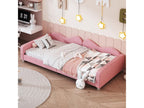 Children's single bed 90x200cm - upholstered fabric bed with slatted base, backrest and armrests, pink sofa bed RTOS03548