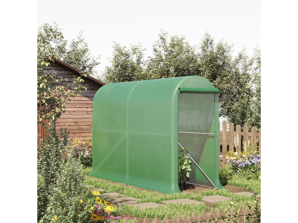 Garden greenhouse, tomato greenhouse, dimensions: 3m (L) x 1m (W) x 2m (H), roll-up zippered door, 2 roll-up side windows, steel, high-density PE, green, KSOA15431
