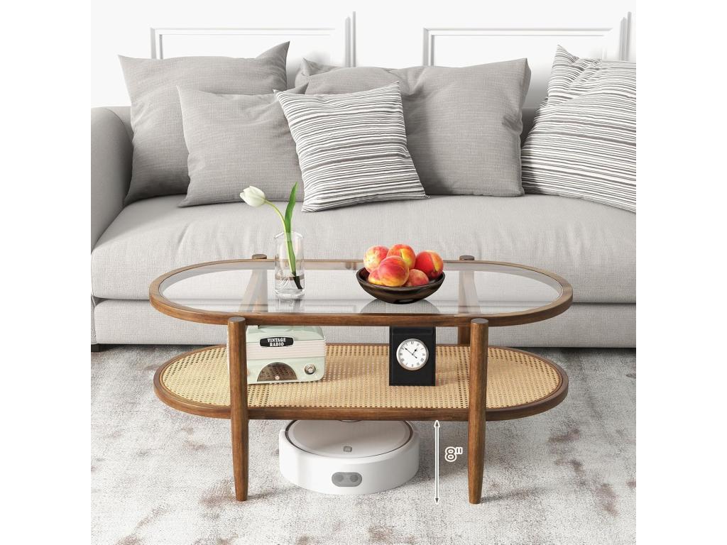 Wooden Coffee Table, Oval Living Room Coffee Table, Curved Wood Frame, Cane Design, PE Rattan Coffee Table, Organic Coffee Table, 90x50x45cm, JUVO75179