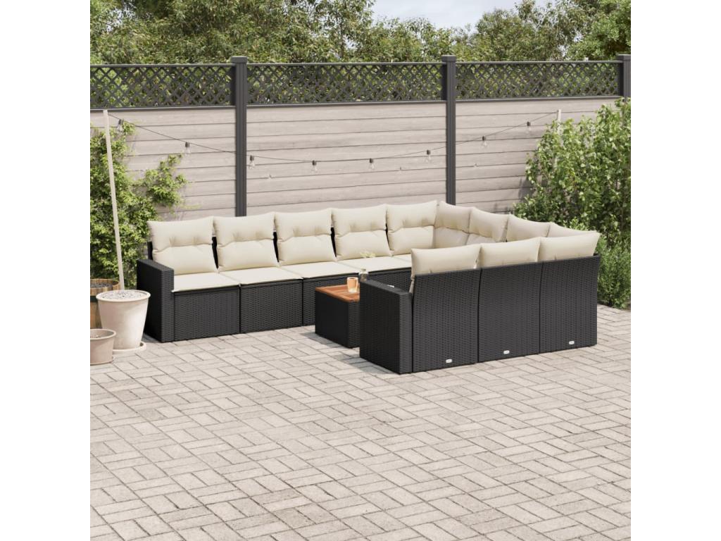 11-piece garden furniture set with cushions, black woven resin PNRN14759