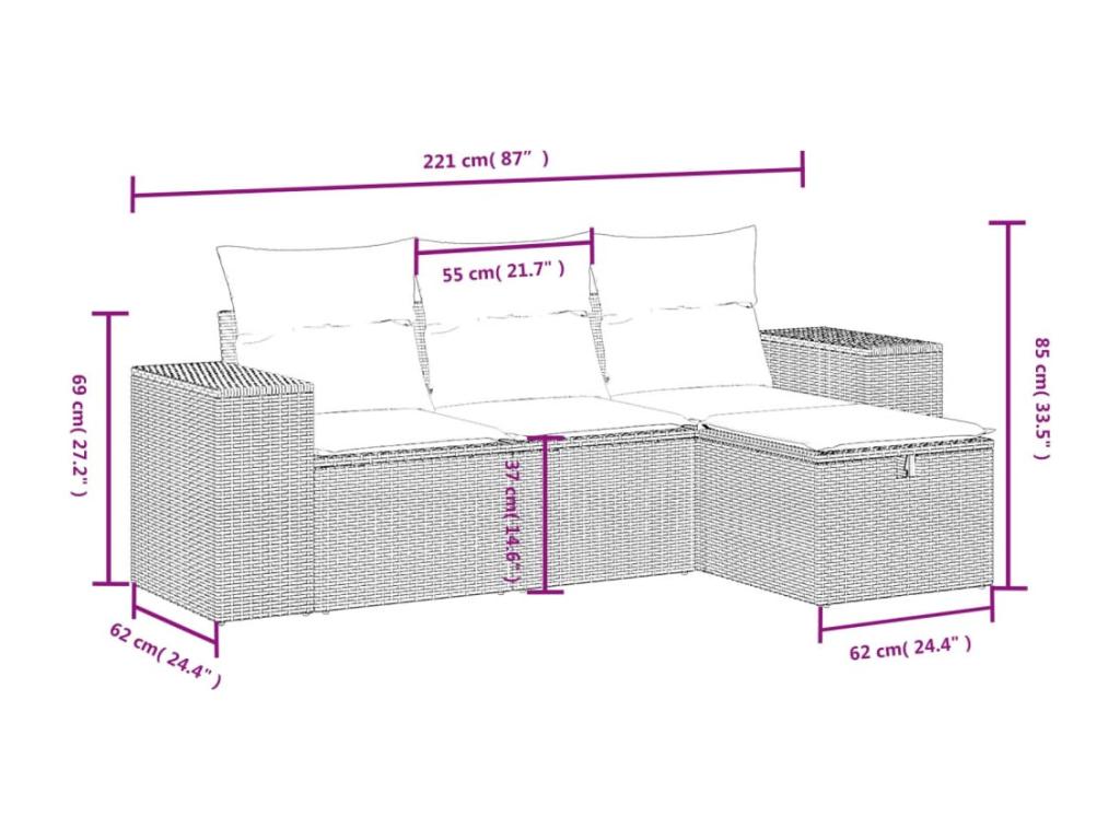 4-piece garden furniture set with grey resin wicker cushions KVSE94142