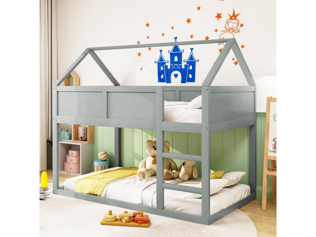 Children's bunk bed 2x90x200 cm loft bed with staircase, solid wood frame, grey ZUJF00912