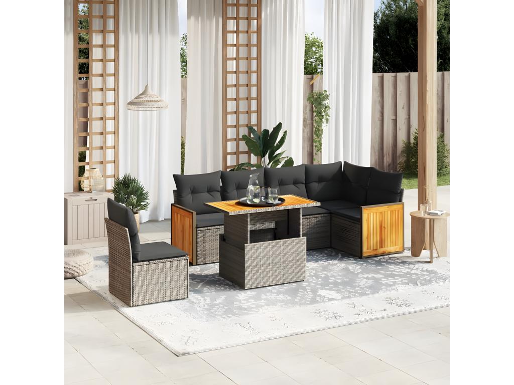 7-piece garden furniture set with cushions, grey woven resin KIQR79460