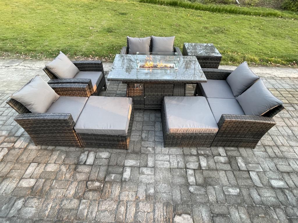 8-Piece Rattan Garden Furniture Set, Poly Rattan Furniture, Gas Fireplace, Dining Table, Sofa Set HWLJ08426