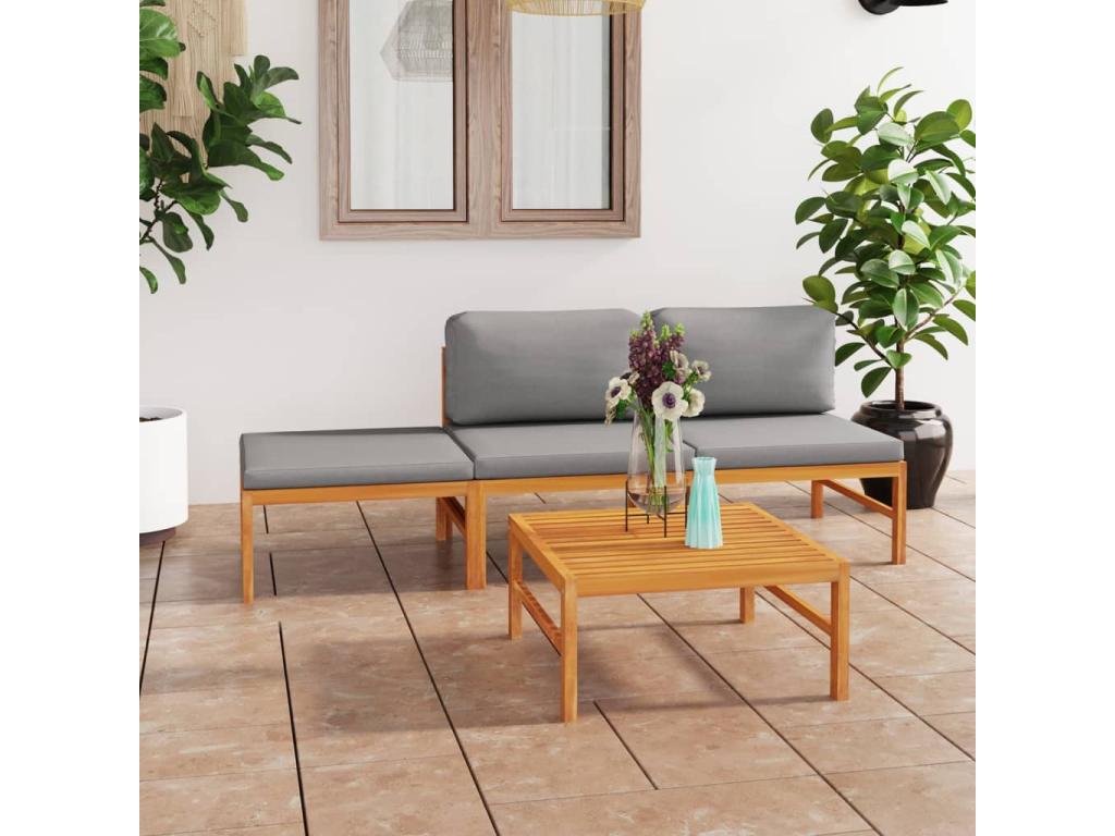 4-piece garden furniture set with grey cushions, solid teak wood LVUH50532