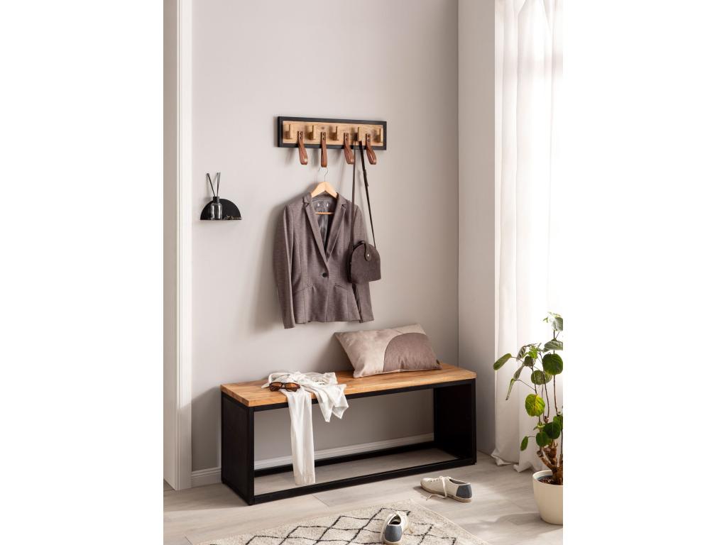 Wall-Mounted Coat Rack with 5 Hooks, Solid Wood and Leather, 60 cm, for Hallway, PRXX92101