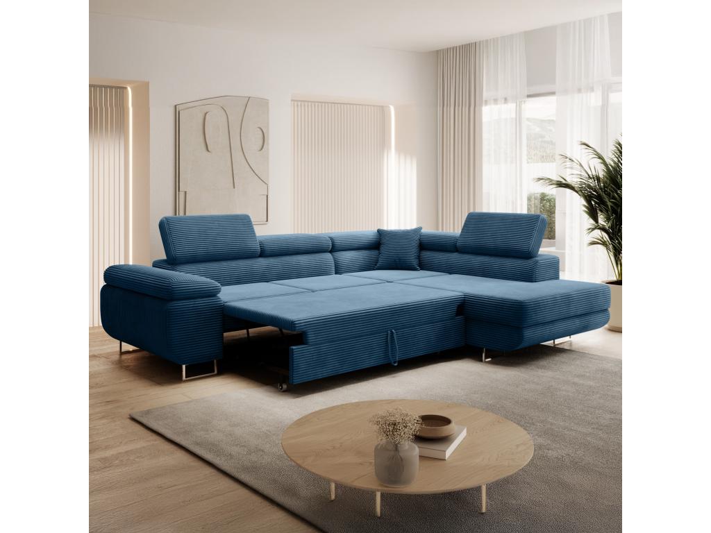 Right-hand corner sofa bed in blue corduroy TNSW60135