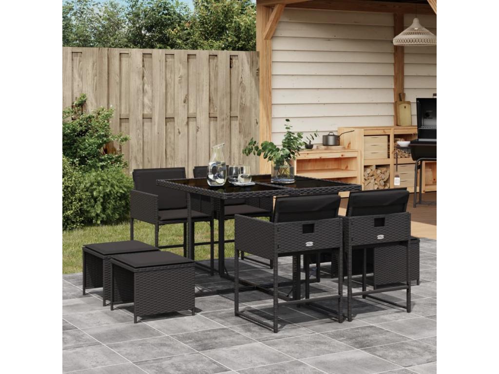 9-piece garden dining set with cushions, black resin wicker GZLY54351
