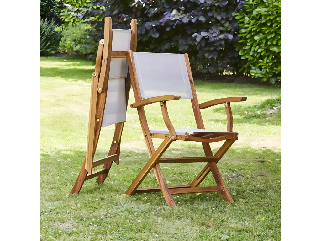 Folding garden armchair in solid wood and grey textilene, set of 2 TFCX71425
