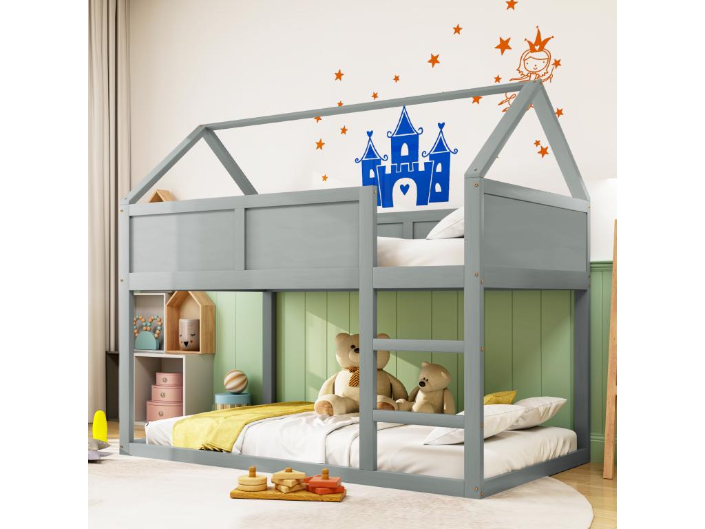 Children's bunk bed 2x90x200 cm loft bed with staircase, solid wood frame, grey ZUJF00912