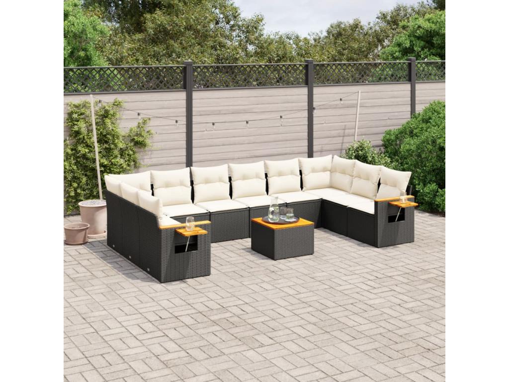 11-piece garden furniture set with cushions, black woven resin DPXN98654