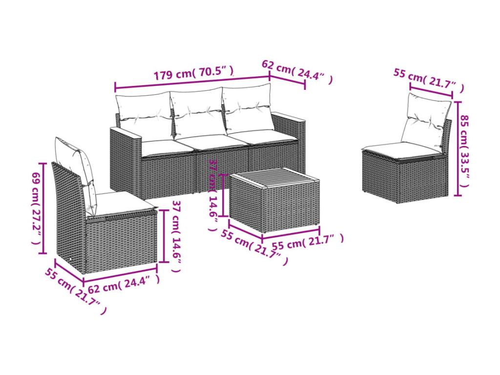 6-piece garden furniture set with cushions, black woven resin CHGY15513