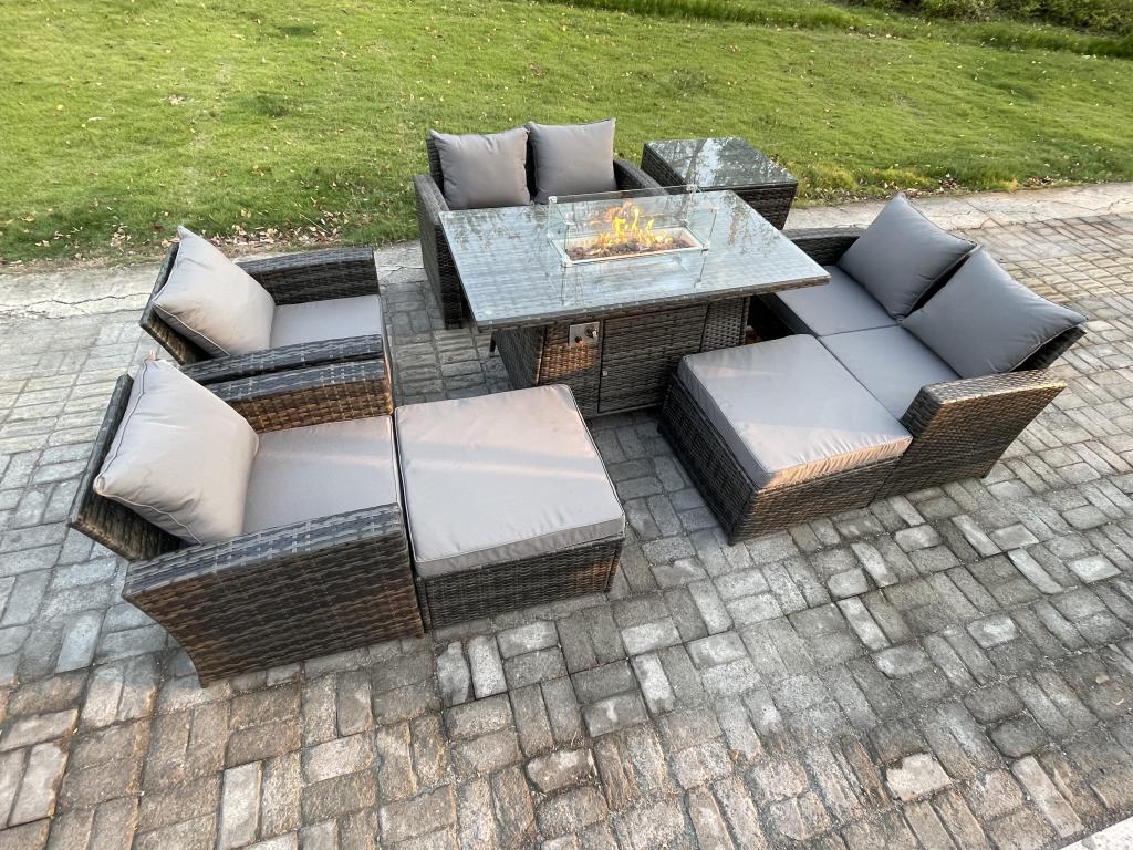 8-Piece Rattan Garden Furniture Set, Poly Rattan Furniture, Gas Fireplace, Dining Table, Sofa Set HWLJ08426