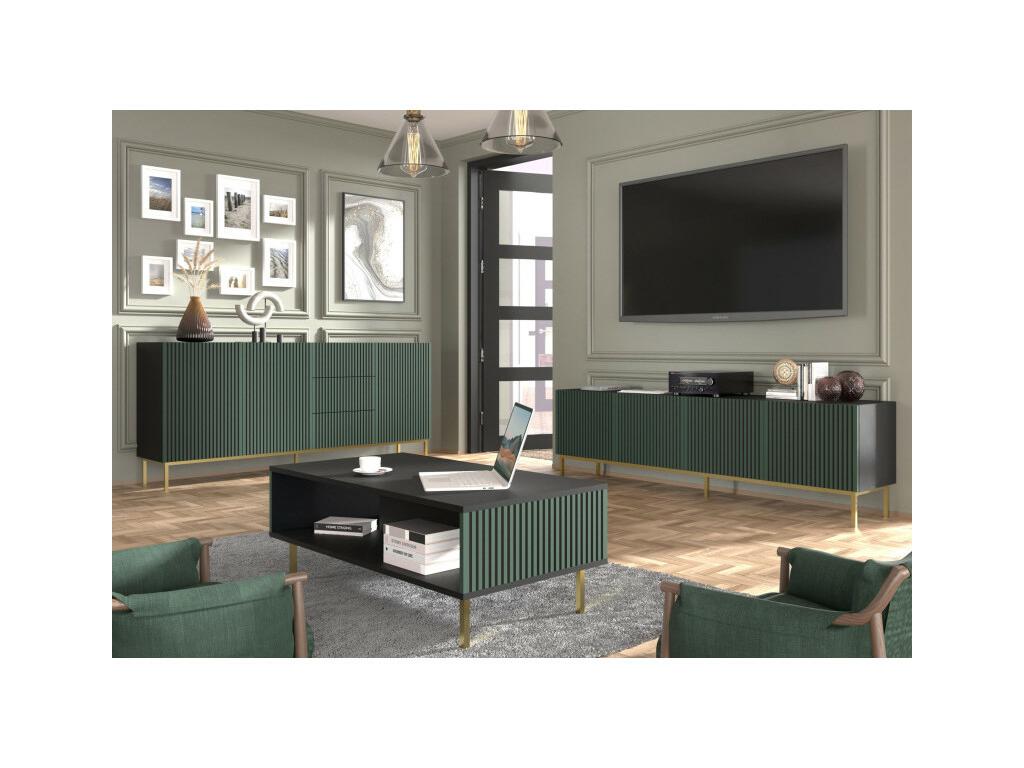 Coffee table with gold legs and milled front - Black/Green - W 90 x D 60 cm MYNA41305