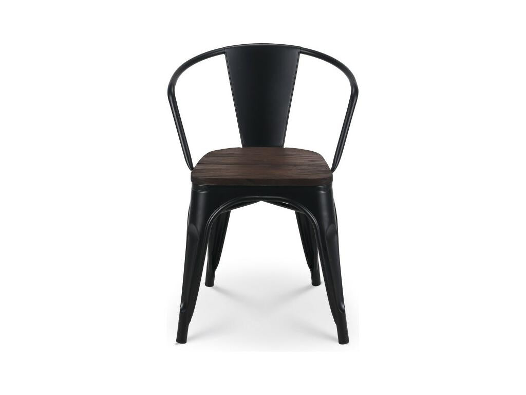 Industrial-style matte black metal chair with dark wood seat - With armrests TDMX54743