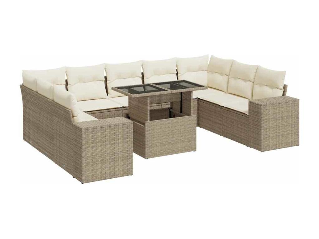 10-piece beige resin wicker garden furniture set with cushions VFMY30684
