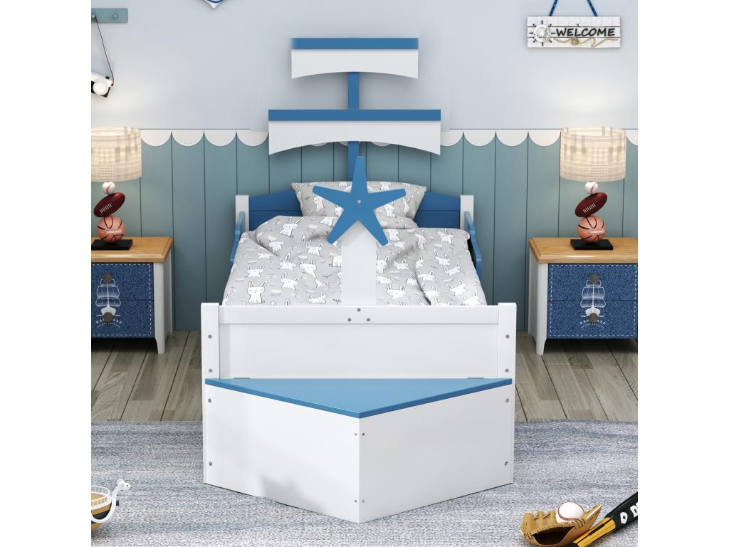 Children's single bed 90x200cm, sailboat-shaped bed frame with 1 large drawer and storage cupboard, blue NDWU14823