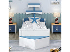 Children's single bed 90x200cm, sailboat-shaped bed frame with 1 large drawer and storage cupboard, blue NDWU14823