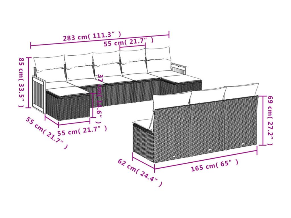 Garden furniture set with cushions, 10 pieces, beige woven resin, INQQ59223