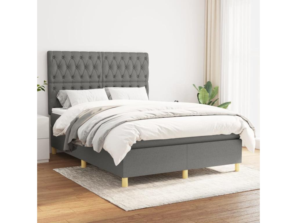 Upholstered bed base with mattress, dark grey, 140x190cm, fabric LVAQ55486