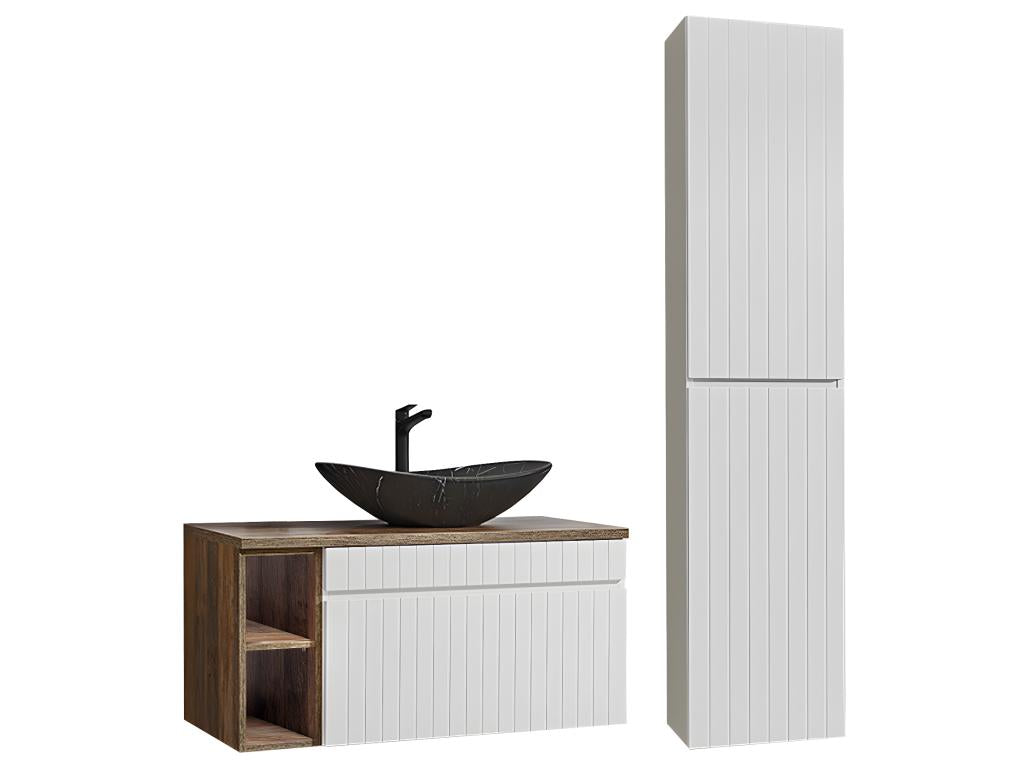 Single vanity unit with 100cm sink, 2 niches and tall cabinet, White, Wood and Black FKPI37271