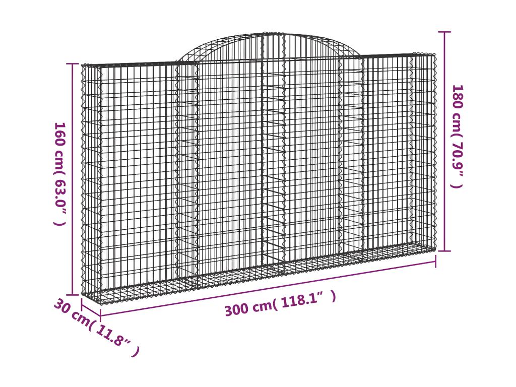 9-piece arched gabion baskets, 300x30x160/180 cm, galvanized iron, KWOX94530