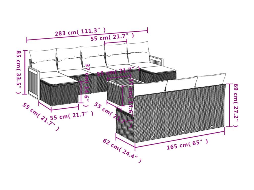 11-piece garden furniture set with cushions, black resin wicker BCKM31128