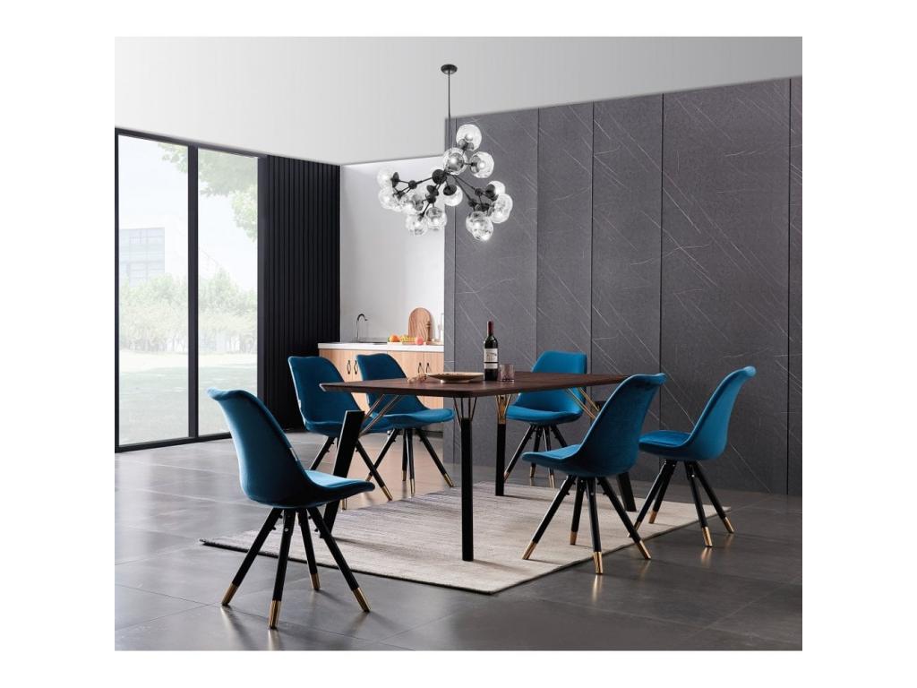 Boisona - Rectangular Dining Table Set in Walnut Finish with 6 Blue Velvet Chairs BBHP14606