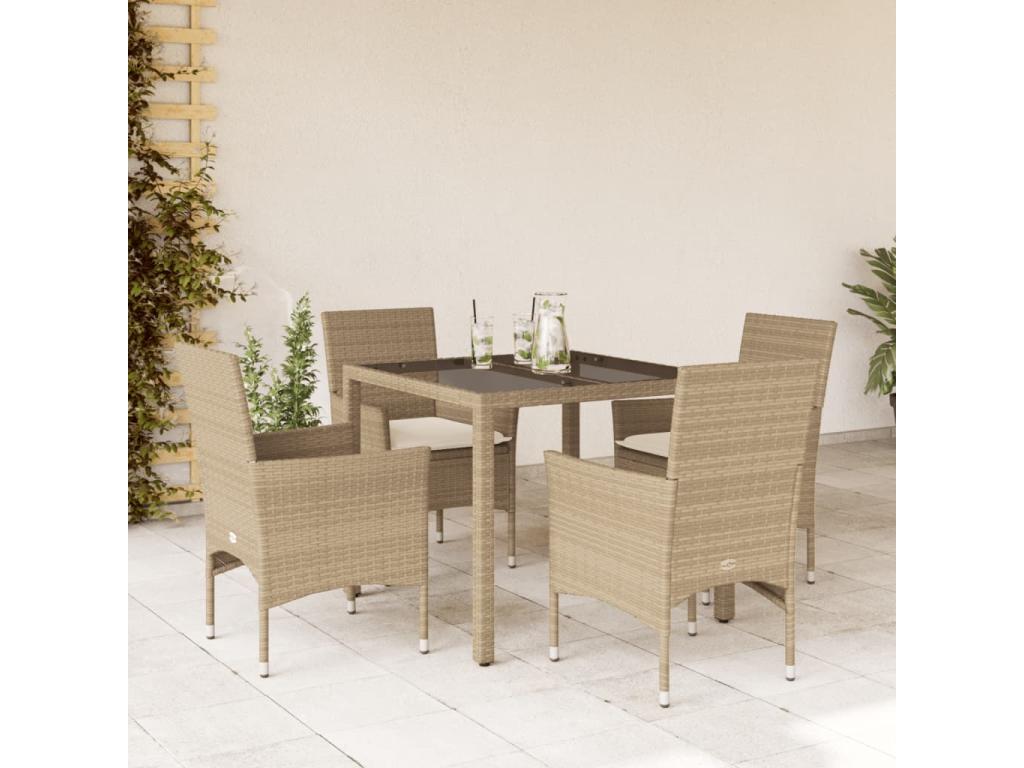 5-piece beige rattan and glass garden dining set and cushions GBAO11938