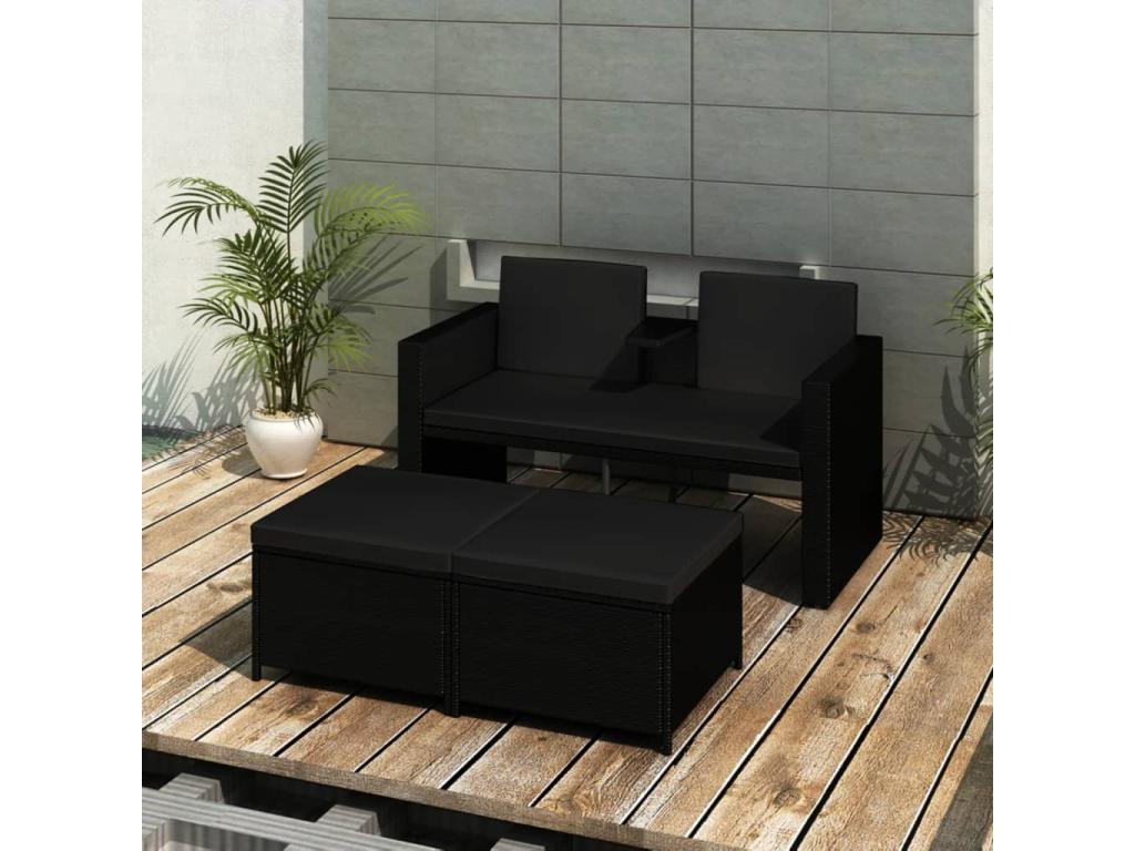 3-piece garden furniture set with cushions, black wicker resin, YLMD35423