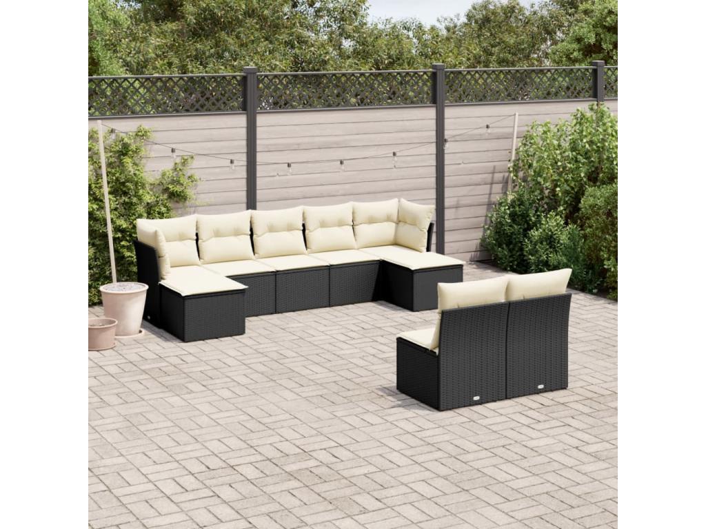 9-piece garden furniture set with cushions, black woven resin TCOD27334