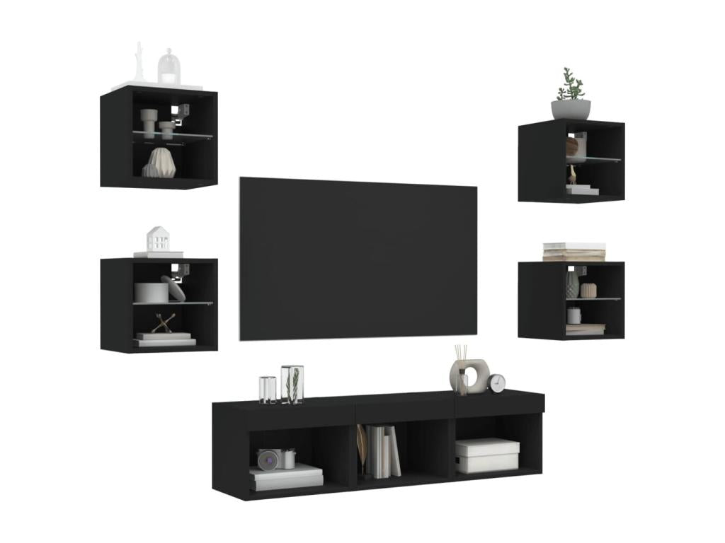 TV wall units with LED, 7 pieces, black engineered wood finish, DEFW17434